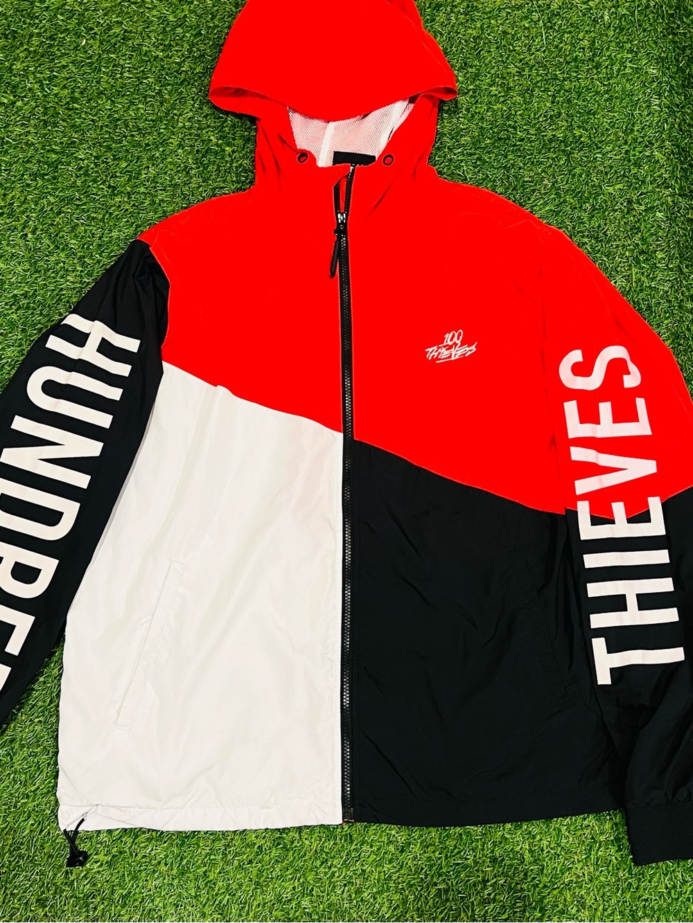 100 Thieves Tri Color Full Zip Windbreaker Jacket Red Black White Size Large💎